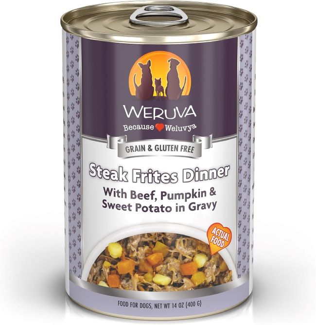 Can of Weruva Steak Frites dog food with beef, pumpkin, and sweet potato in gravy.