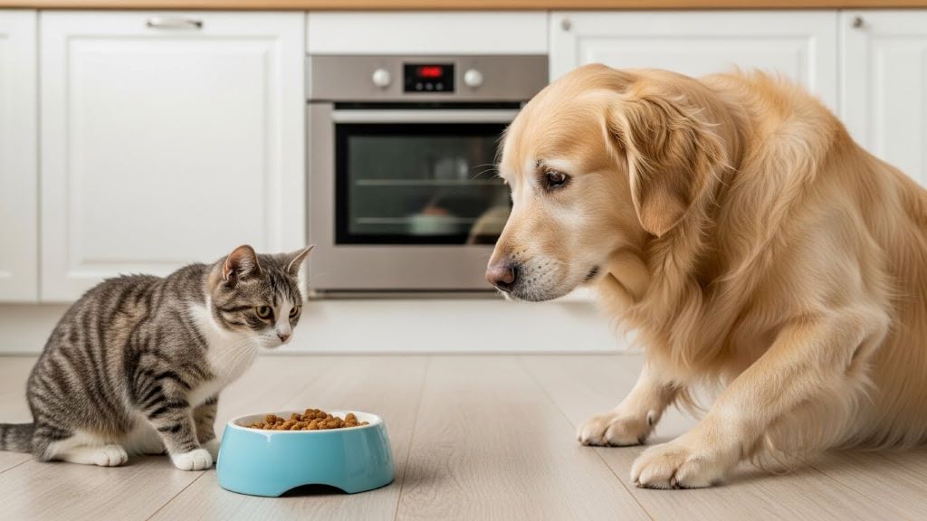 Elderly dog and cat eating from separate bowls in different feeding areas