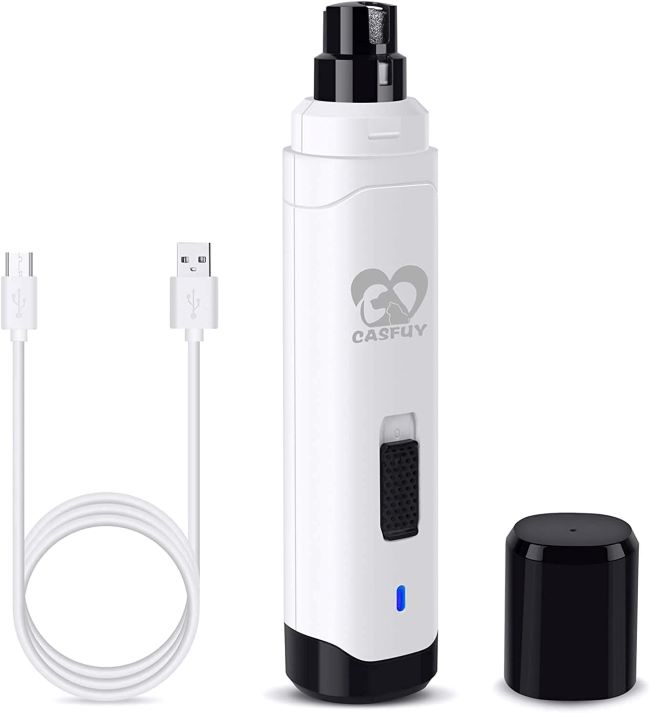 Casfuy 2-speed electric pet nail grinder in white for safe grooming of dogs and cats.