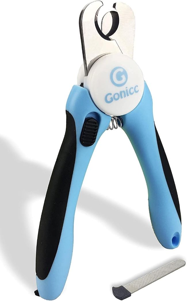 Close-up of Gonicc pet nail trimmer showing safety stop to prevent overcutting