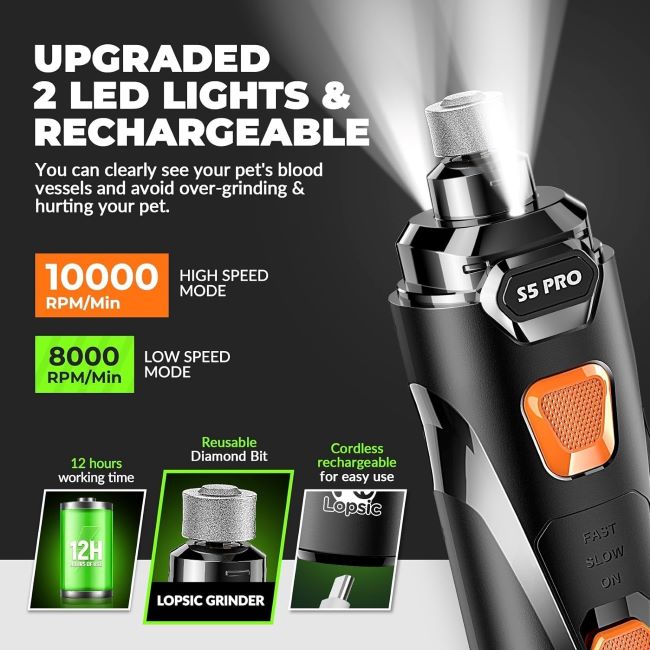 Rechargeable LOPSIC dog nail grinder with LED lights for safe pet grooming