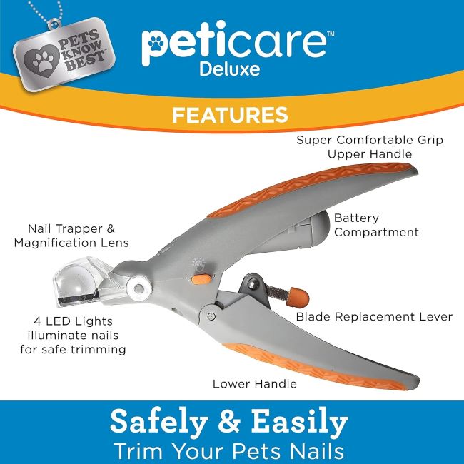 PetiCare dog and cat nail clipper featuring LED illumination for accurate trimming