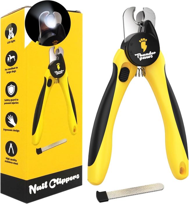 Thunderpaws LED dog nail clippers with light and safety guard for dogs and cats.