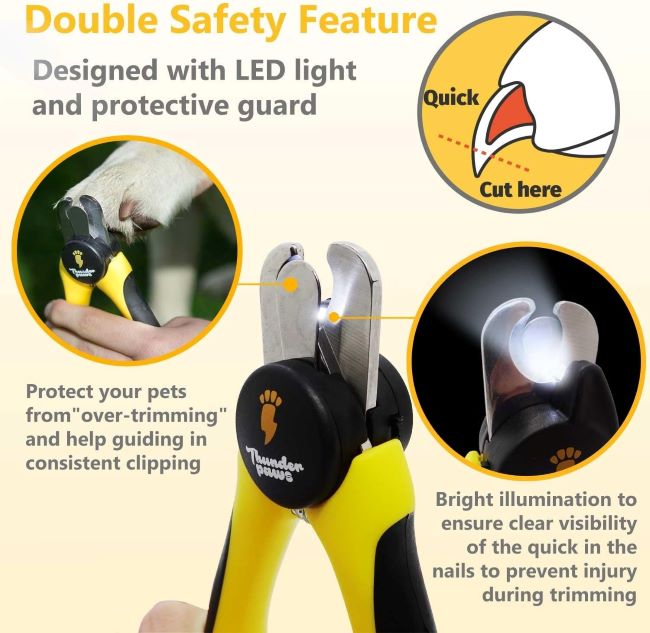 Pet nail trimmers with LED, safety lock, and protective guard for safe grooming.