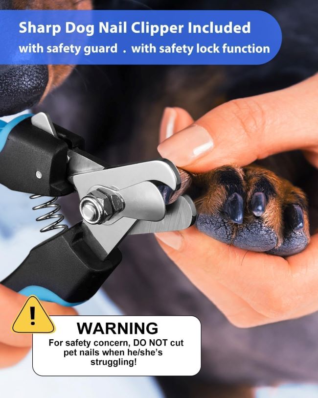 Close-up of YABIFE dog and cat nail trimmer with LED light and three-speed settings.