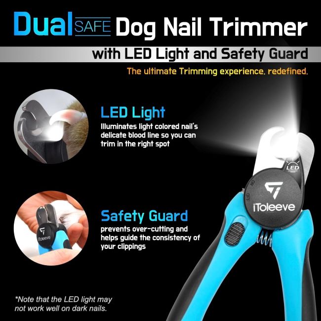 LED dog and cat nail clipper showing illuminated bloodline for precise trimming Sharp iToleeve pet nail trimmer with LED light for thick dog and cat nails