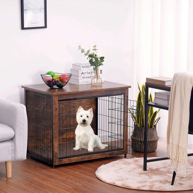 DWANTON dog crate furniture with cushion and double doors in rustic brown finish