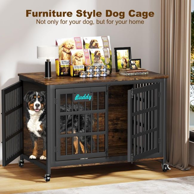 EasyCom heavy-duty dog crate furniture used as a modern TV stand, escape-proof indoor kennel for large dogs