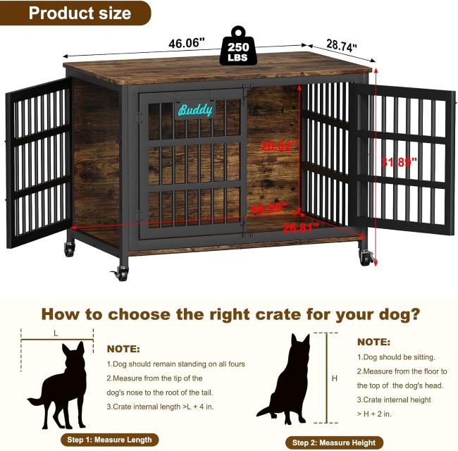 Furniture-style EasyCom dog crate with name tag, secure kennel doubling as end table in living room
