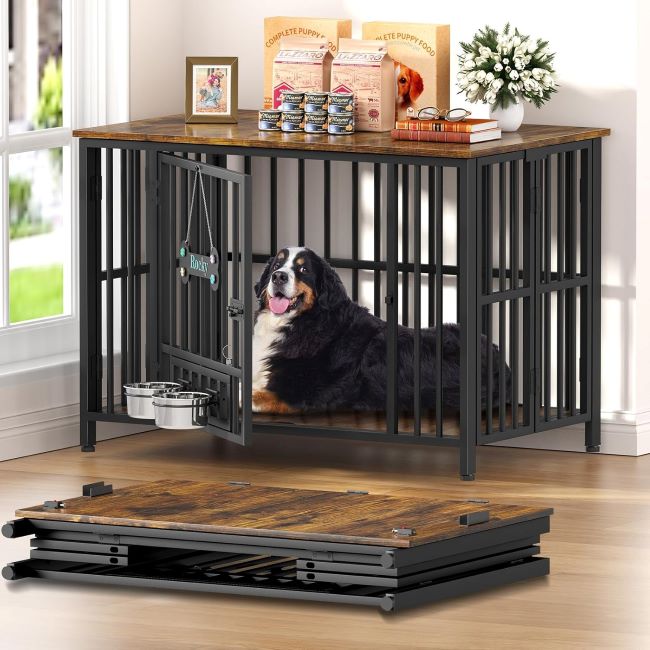 Stylish end table dog crate for 35–60 lb dogs, foldable design