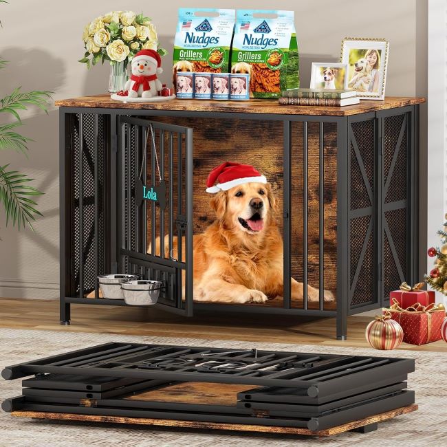 Easycom foldable large dog crate in rustic brown, indoor wooden kennel doubling as TV stand