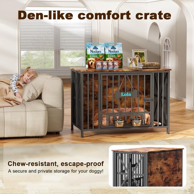 Assembly-free wooden dog crate for large dogs with bowls and TV stand functionality