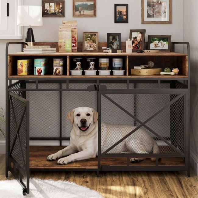 Fulhope 48-inch wooden dog crate furniture for large breeds with drawers and rustic design