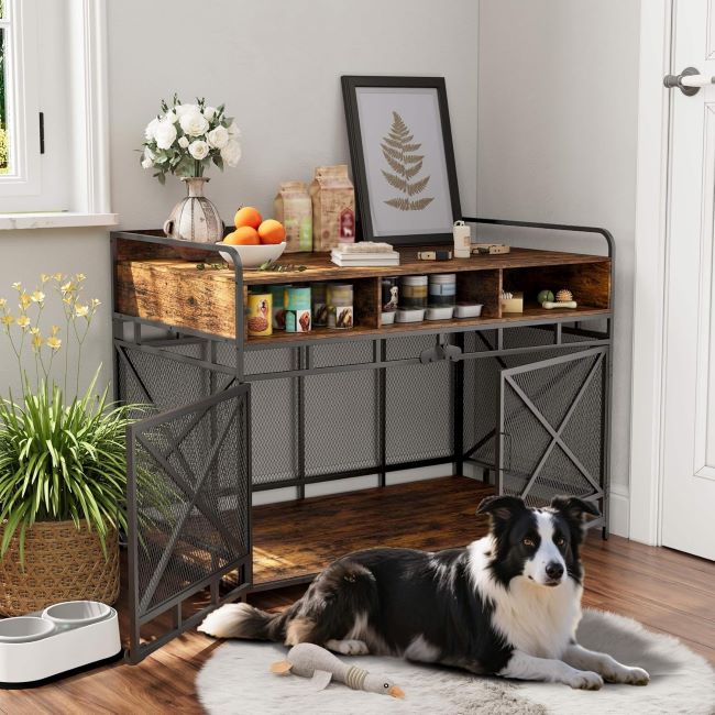 XL durable indoor dog kennel end table with steel tubes and storage drawers, Fulhope