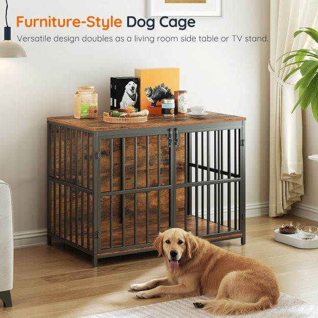 Rustic brown and black wooden dog kennel furniture with heavy-duty metal bars