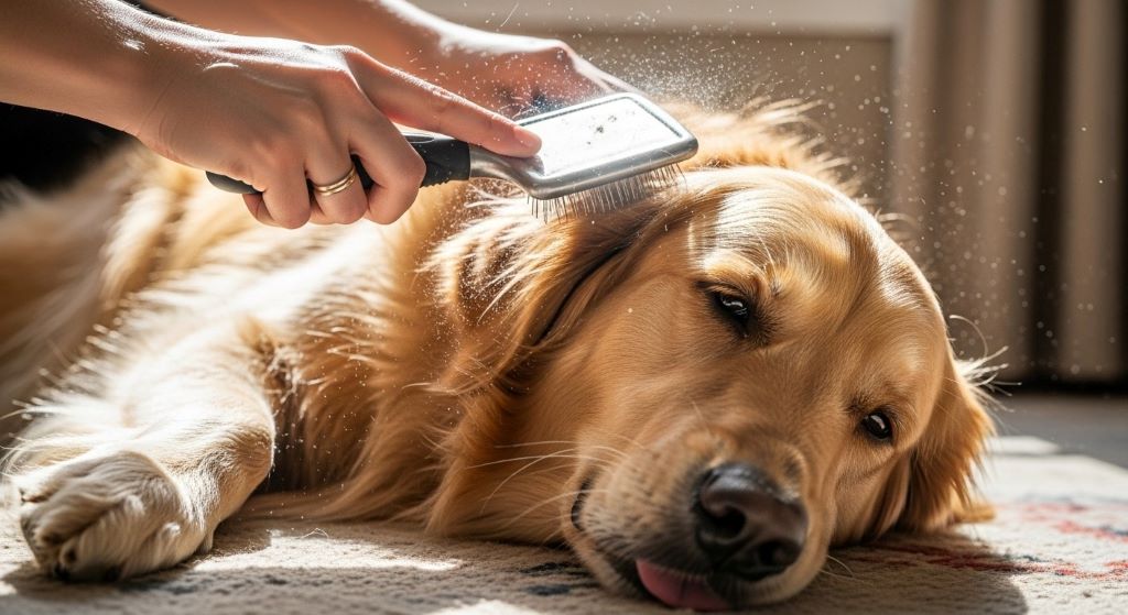 Dog receiving soothing oatmeal bath treatment in bathtub with milky water for dandruff relief