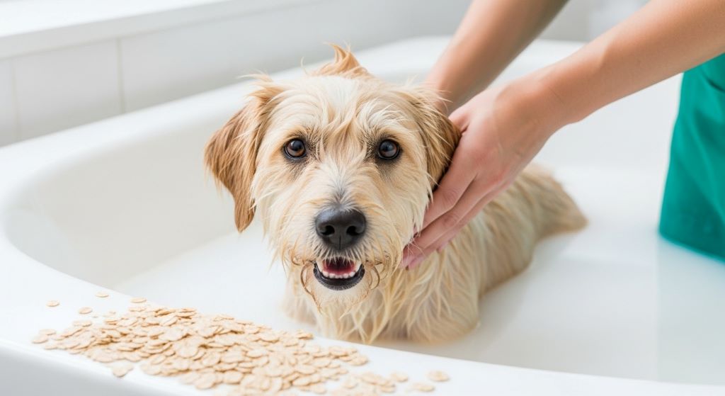 Golden retriever being brushed with slicker brush to remove dandruff and distribute natural oils through coat