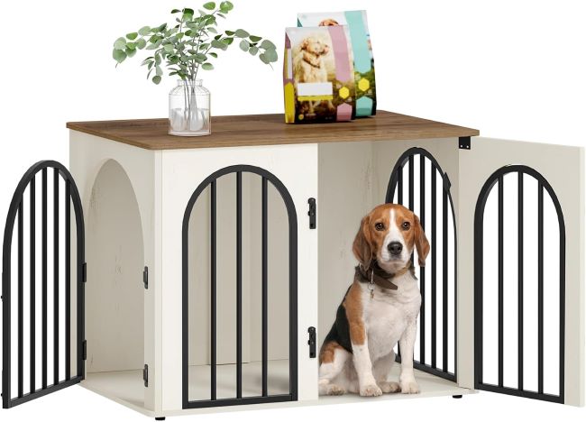 Hzuaneri 31.5 inch wooden dog crate furniture in white and brown for indoor use