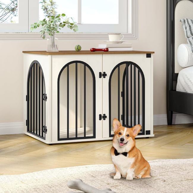 Hzuaneri decorative dog kennel furniture with sturdy wood frame and metal bars