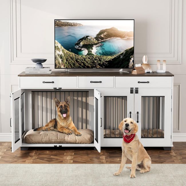 IDEALHOUSE 71-inch double dog crate with storage drawers for two dogs