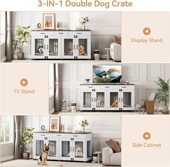 Heavy-duty double dog crate furniture with removable divider in white