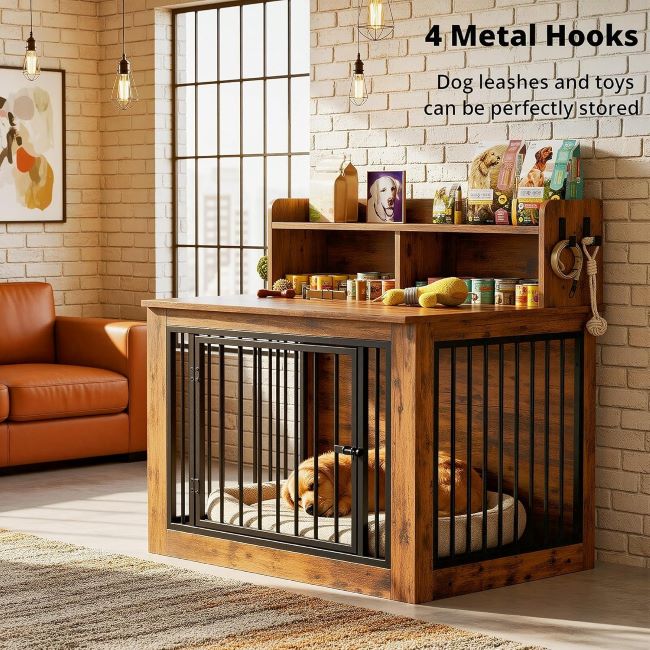 Spacious IRONCK wooden dog cage with 4 hooks and storage for large breeds