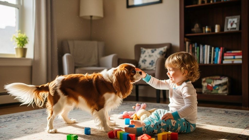 French Bulldog sitting calmly beside young child on apartment floor with toys nearby