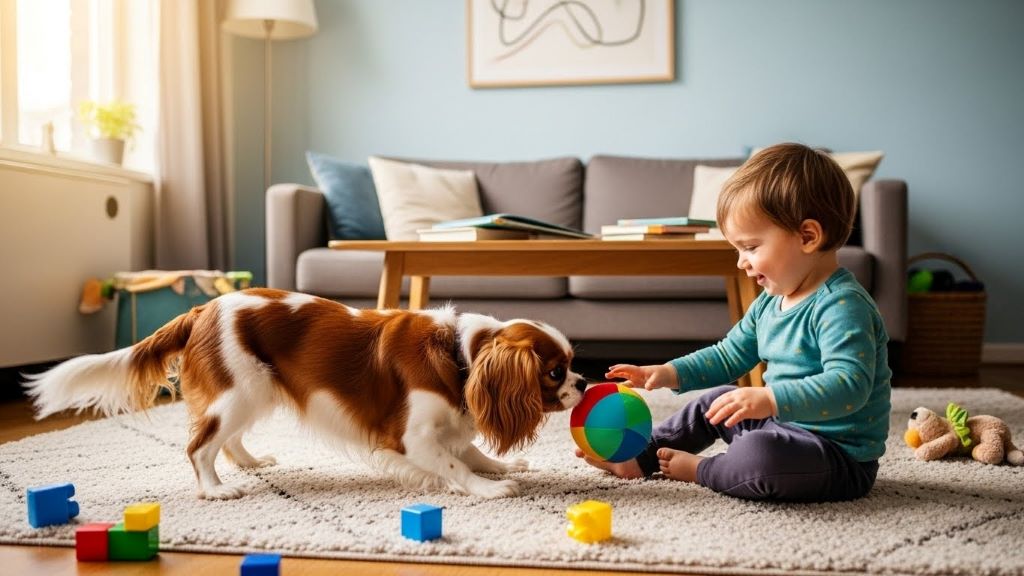 Friendly Cavalier King Charles Spaniel playing gently with toddler in small apartment living room