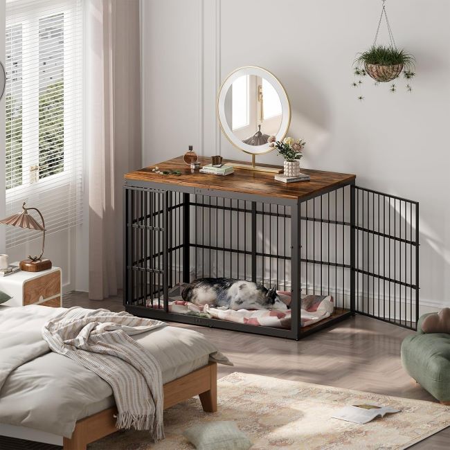 XXL Lyromix wooden dog crate with foldable door, decorative indoor kennel