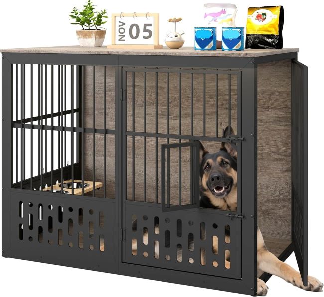 Yafylly 48 inch XL dog crate furniture with wooden chewproof design and storage tabletop