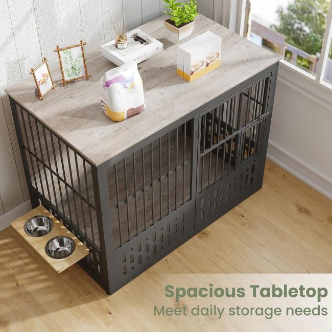 Yafylly heavy-duty XL dog crate for large dogs featuring adjustable bowls and window