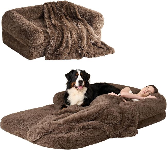 EHEYCIGA Foldable Human-Sized Dog Bed – Orthopedic memory foam bed for adults, waterproof, faux fur, brown, non-slip bottom.
