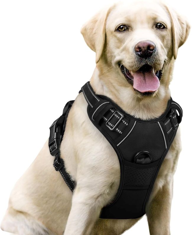 rabbitgoo no-pull dog harness, large size, soft padded, reflective vest with 2 leash clips, black, easy control handle