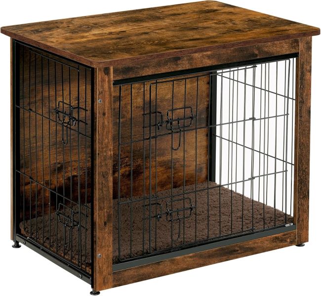 DWANTON Dog Crate Furniture with Cushion – rustic brown wooden dog kennel table with double doors and soft cushion for indoor pet comfort