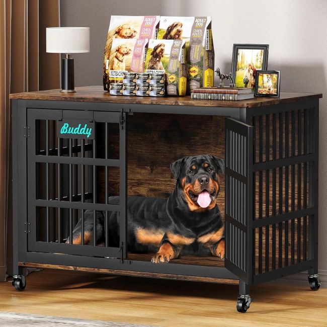 EasyCom Escape-Proof Dog Crate Furniture – heavy-duty wooden indoor dog kennel with name tag designed for large and high-anxiety dogs