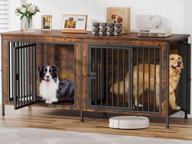 EasyCom Double Dog Crate Furniture – large wooden indoor dog crate for 1 or 2 dogs designed as a TV stand with heavy-duty frame in brown finish