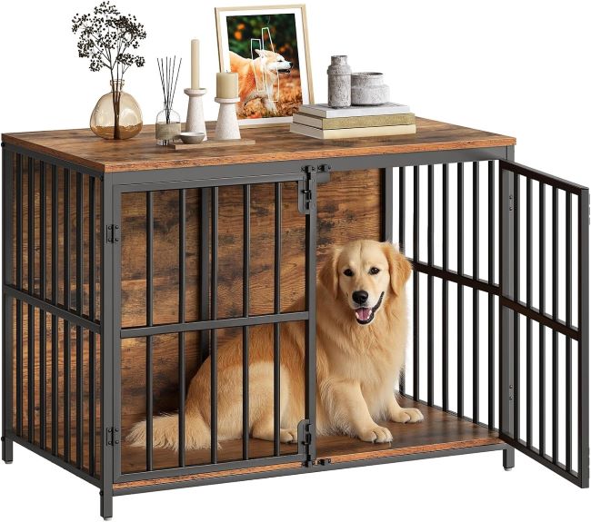 HOOBRO 38.6" Dog Crate Furniture – rustic brown and black wooden dog kennel that functions as a decorative side table for small to medium dogs