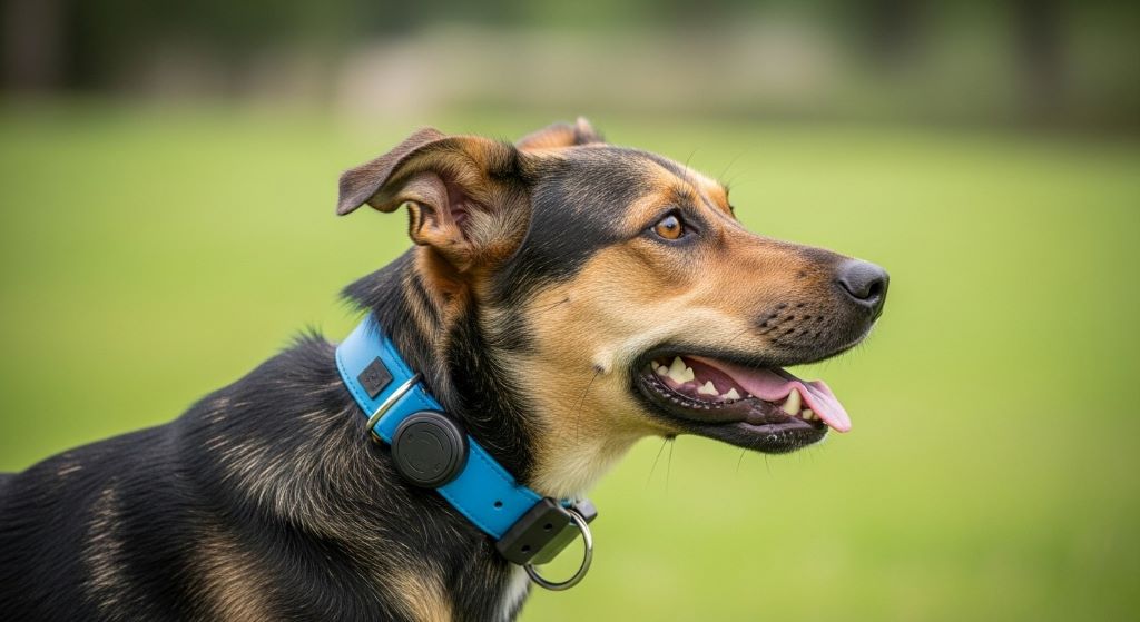 Rechargeable bark collar on a dog's neck with LED charging indicator