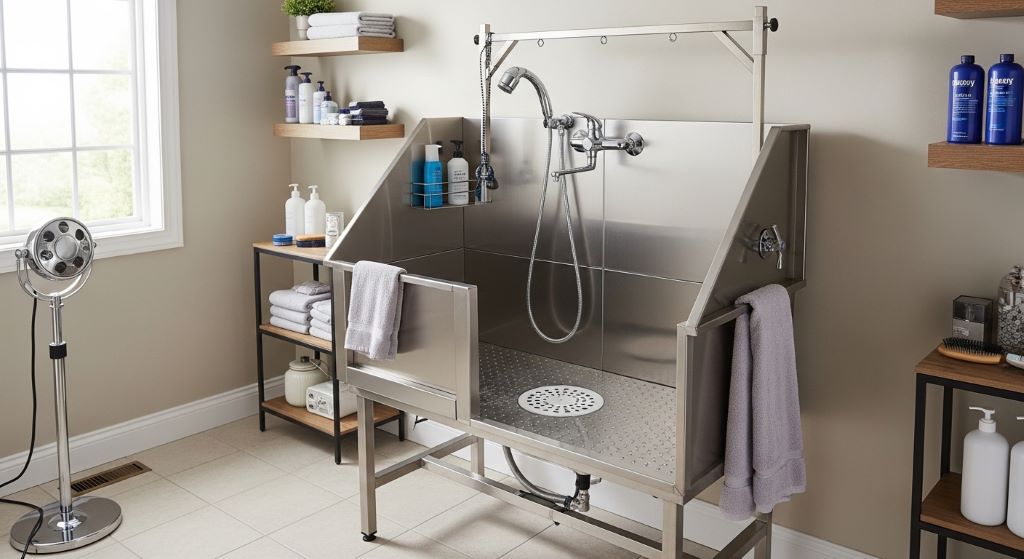 Stainless steel dog grooming tub with drain filter and water-saving nozzle installed in a home utility room