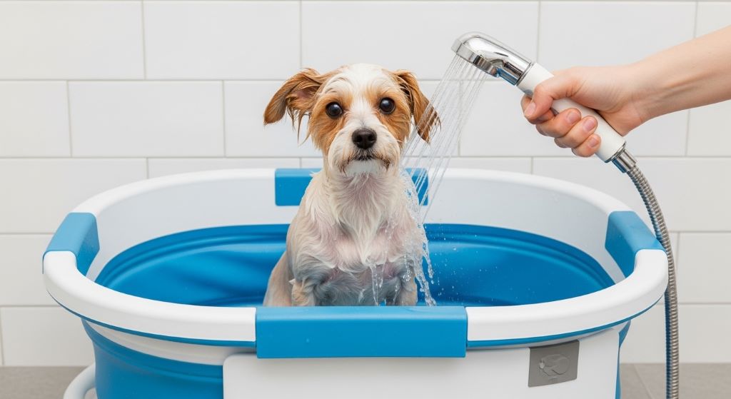 Small dog standing in a compact foldable bathtub being washed with a handheld spray attachment
