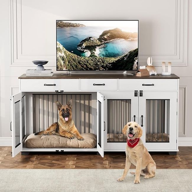 IDEALHOUSE 71" Double Dog Crate Furniture – large decorative indoor dog kennel with removable divider and storage drawers for two dogs.
