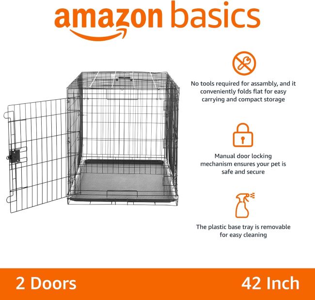 Amazon Basics collapsible metal wire dog crate in black with double doors, removable tray, and divider panel for large dogs