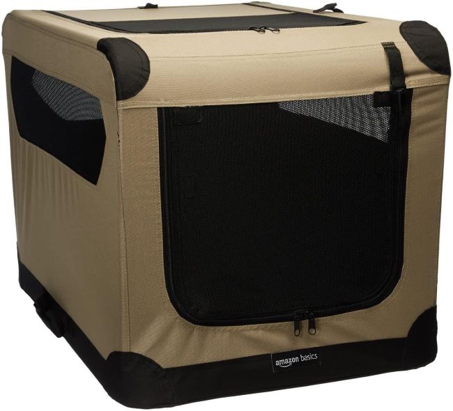 Amazon Basics portable folding soft dog crate in tan with double doors, collapsible travel kennel design, and easy setup for medium dogs