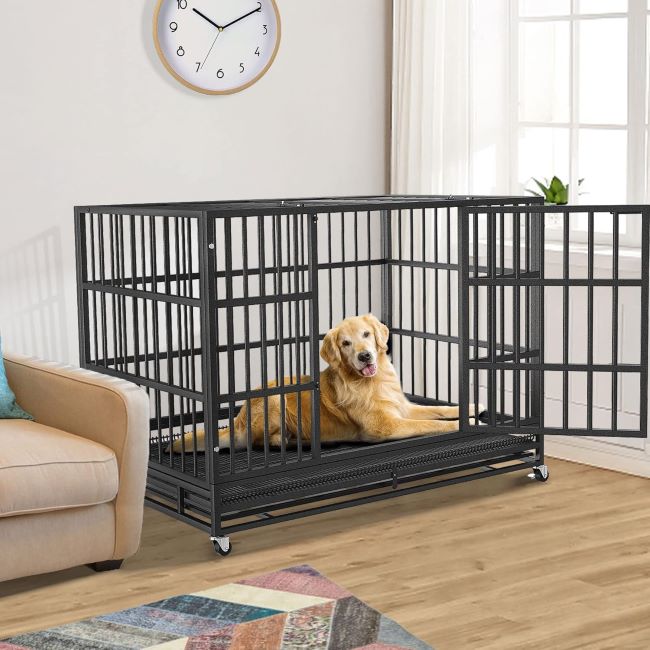 BOLDBONE 48 inch heavy duty dog crate in black with escape-proof steel frame, wheels, and removable trays for anxious dogs