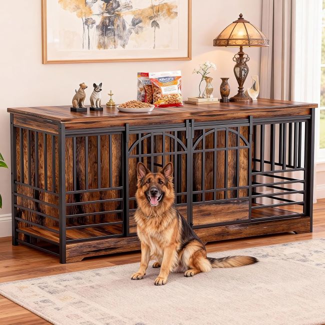 COZPAW 78 inch double dog crate furniture in cognac brown with divider, decorative table top, and kennel space for two dogs