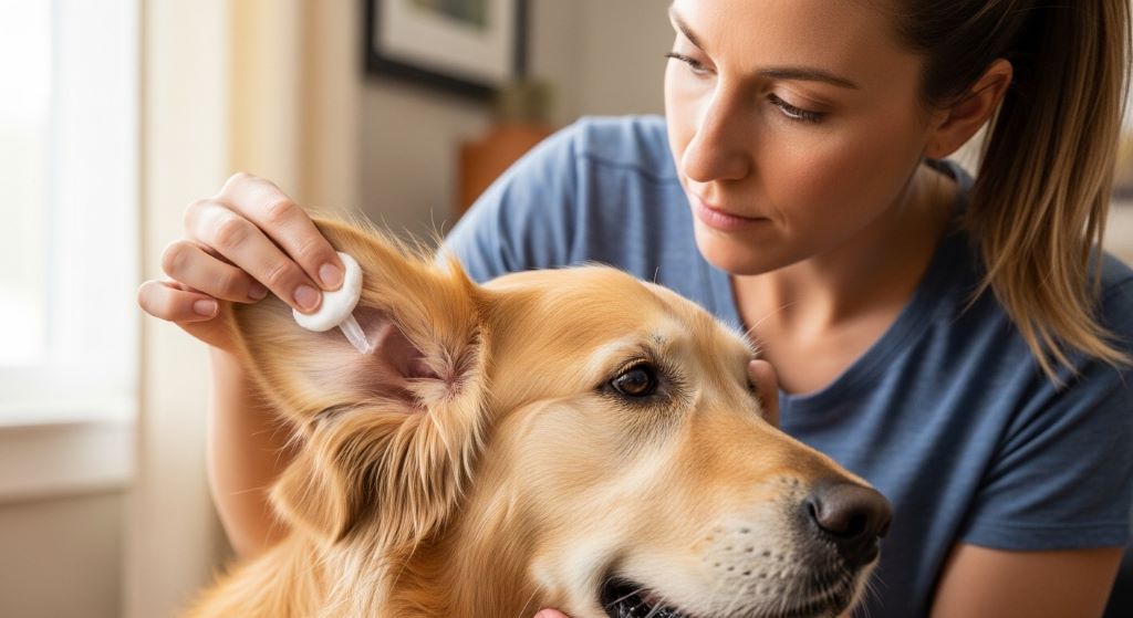 Veterinarian demonstrating safe ear cleaning technique on a calm dog