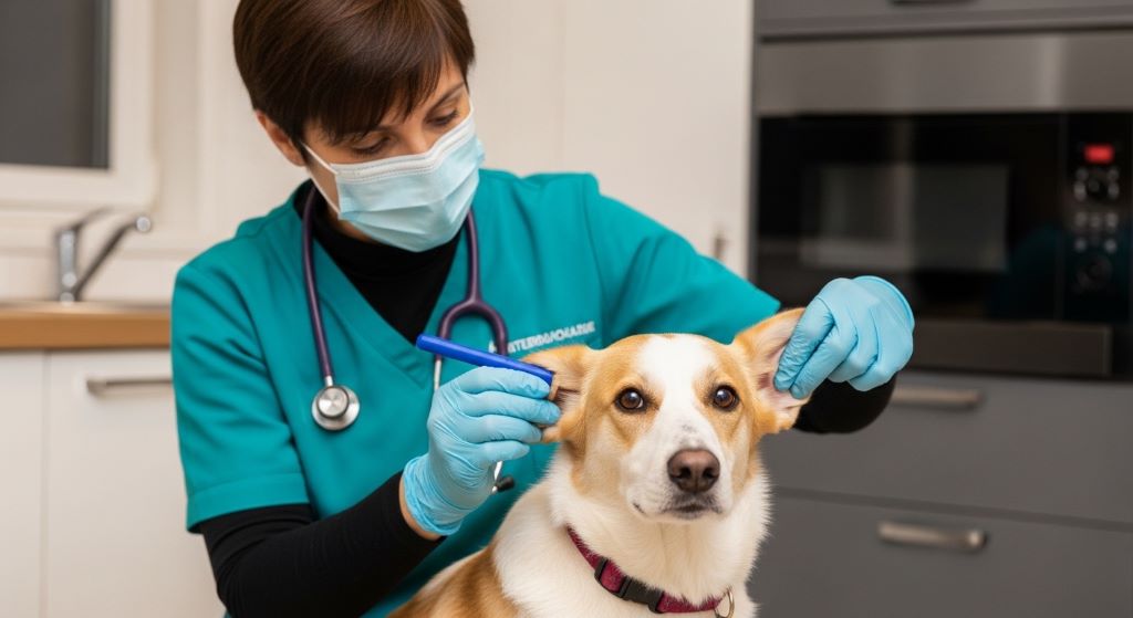 Dog owner gently cleaning dog's ear with cotton ball and vet-approved solution