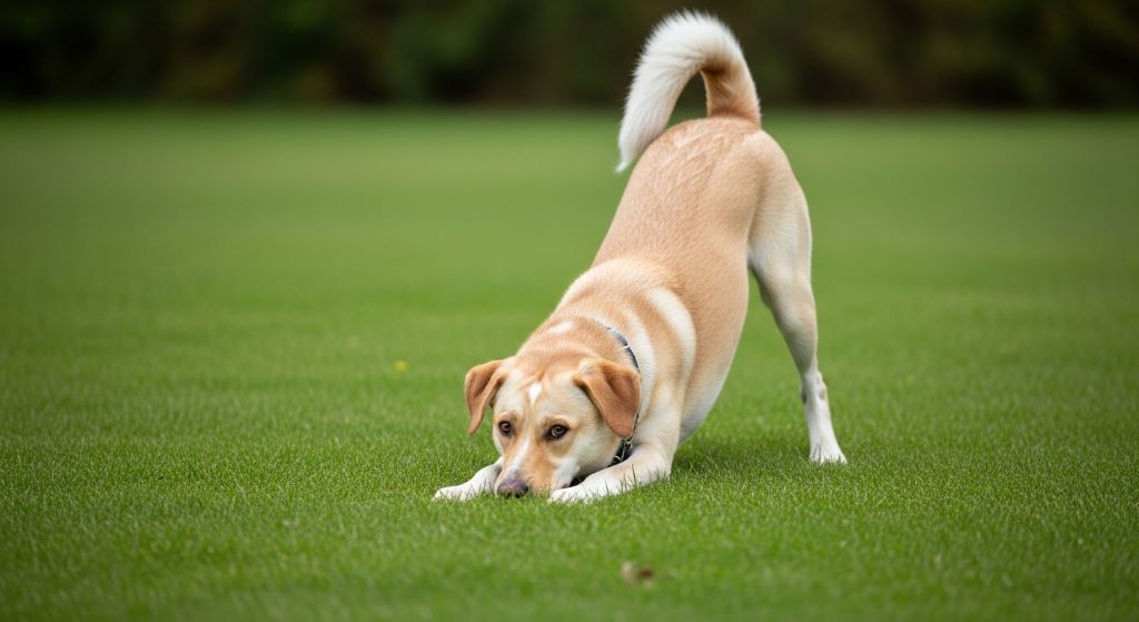 Dog in a play bow position on grass, demonstrating a key silent communication signal to its owner