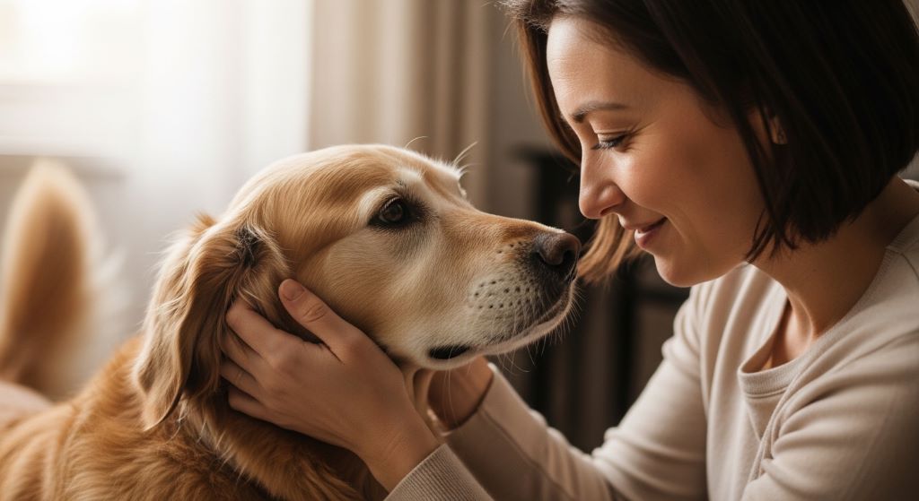 A dog and human making calm eye contact, showing trust through silent body language communication