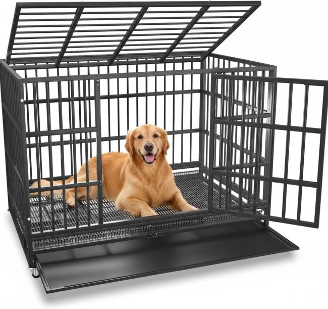 KOKOTANGS 48 inch heavy duty steel dog crate with wheels, double doors, sturdy locks, and escape proof design for large dogs